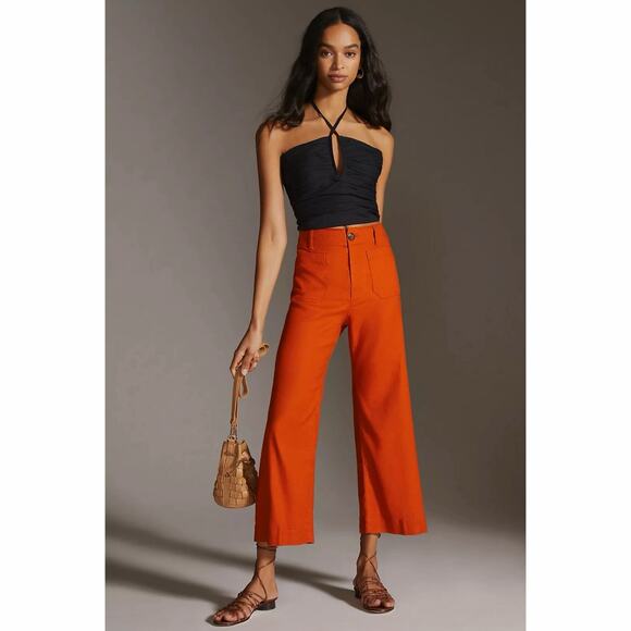 Anthropologie Maeve The Colette Cropped Linen Orange Wide Leg Pants - Picture 2 of 8